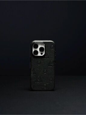 Premium Black Textured Leather Phone Case with Embossed Logo for IPhone 16 Plus